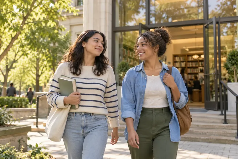 Two adults approaching a sunlit public library.