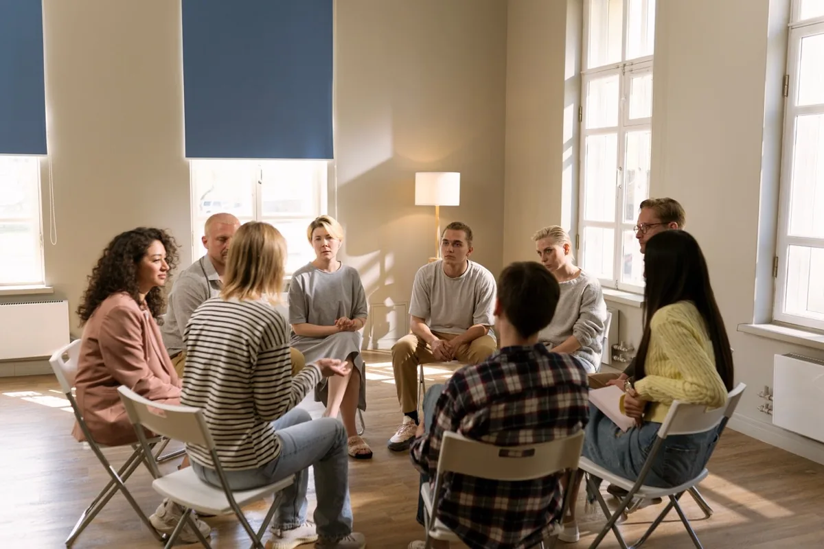 People gathered in conversation in a bright shared room