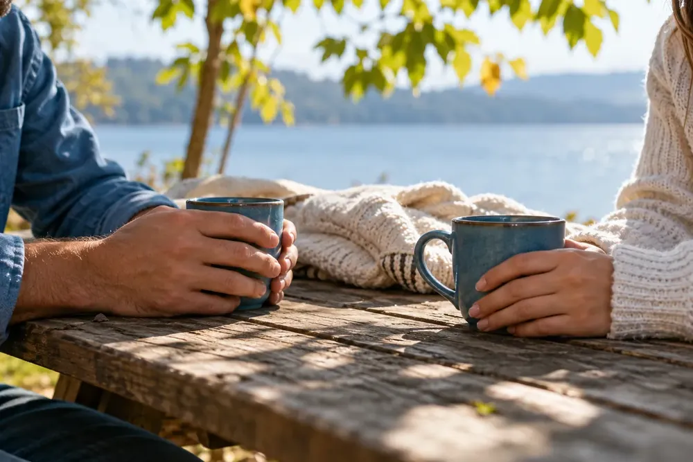 Two cups on a picnic table during a quiet conversation
