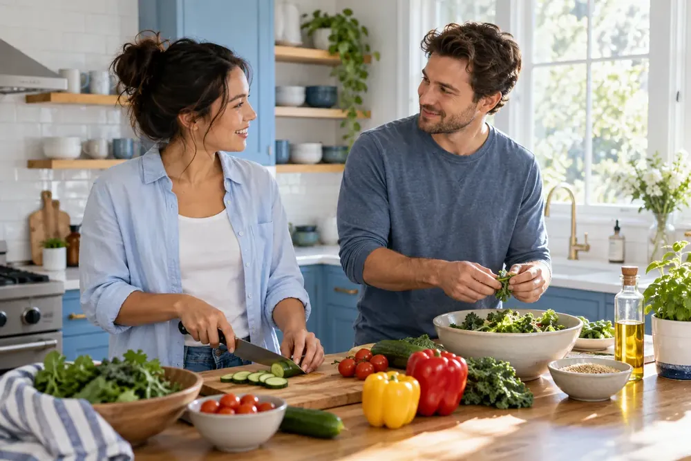 A couple preparing vegetables together in a bright kitchen.